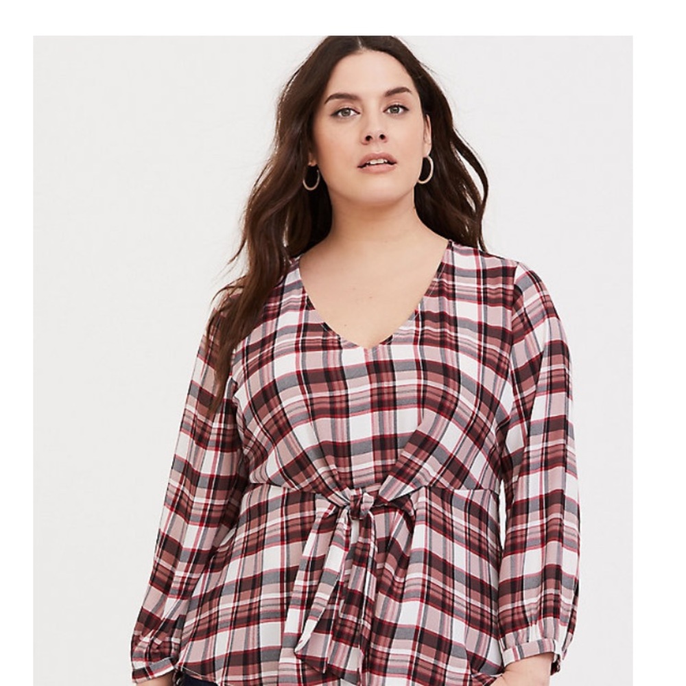 Plaid Tie-Front V-Neck Women’s Top - Pink/Burgundy